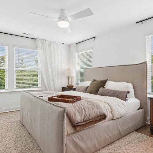 a bedroom with a bed and a fan