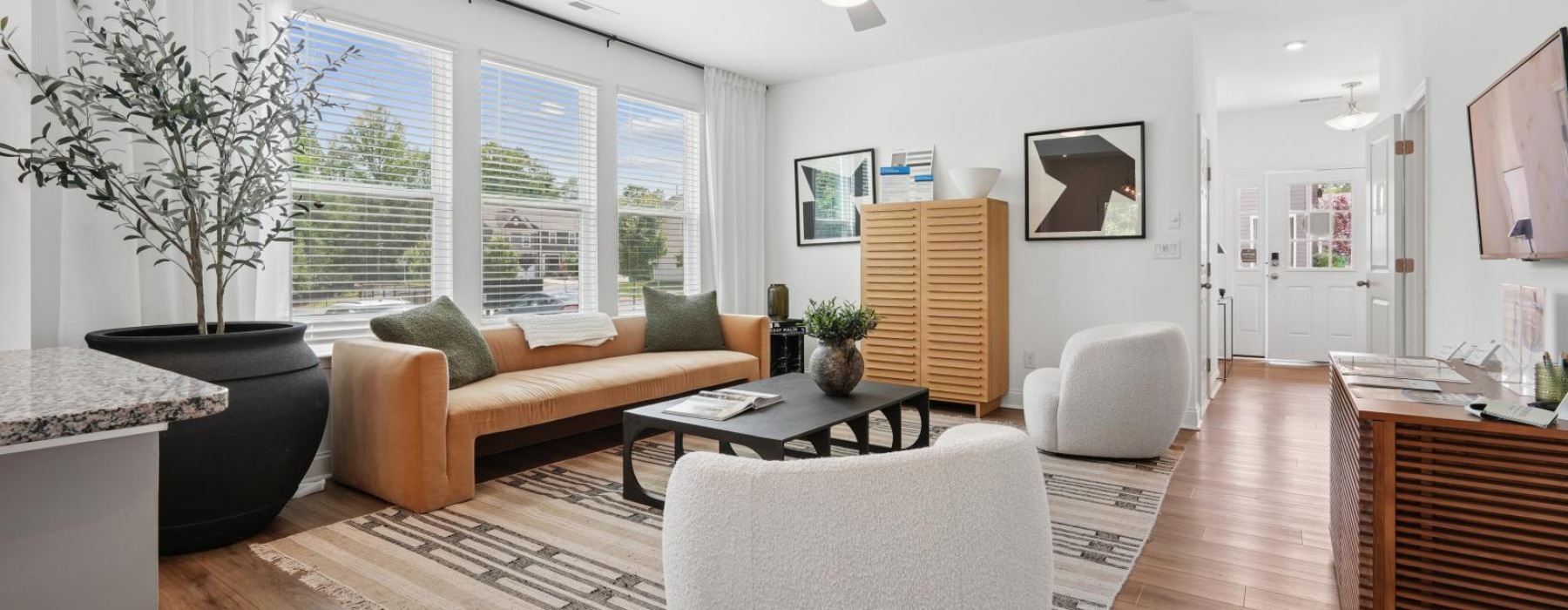 a living room with a large window