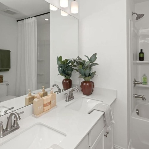 a bathroom with a large mirror