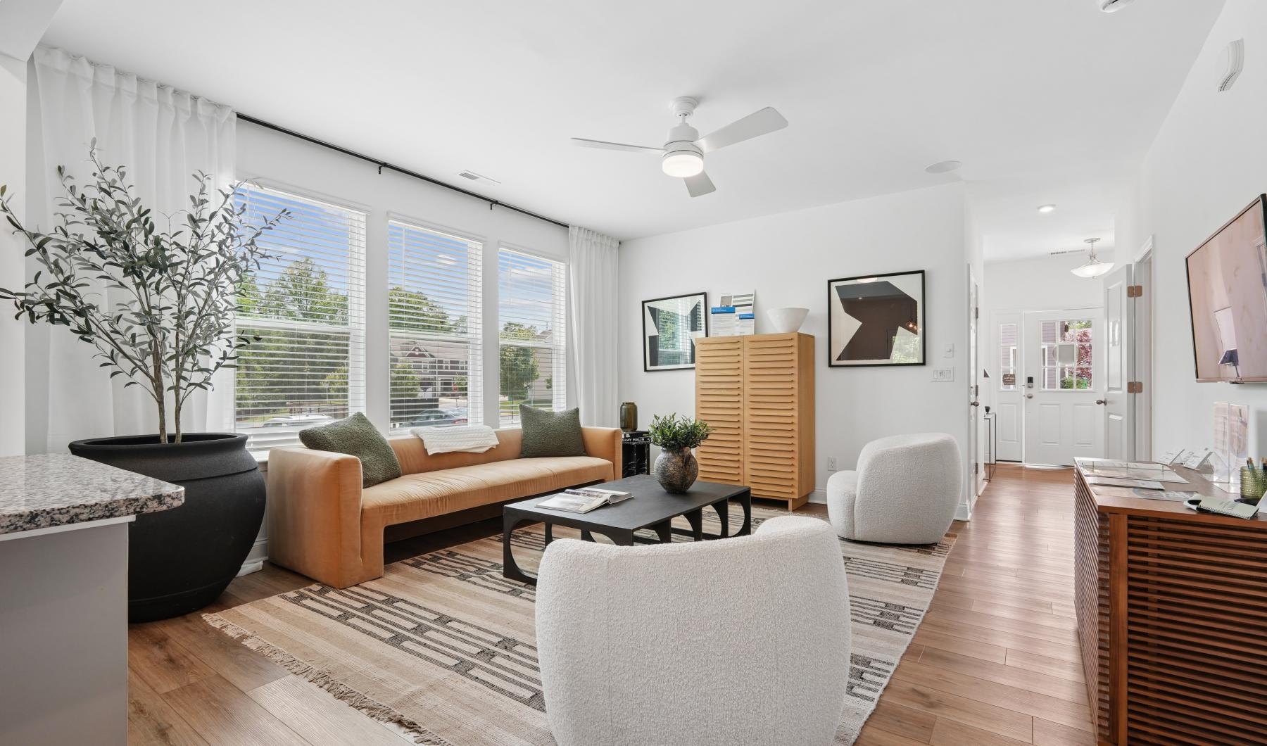 a living room with a large window